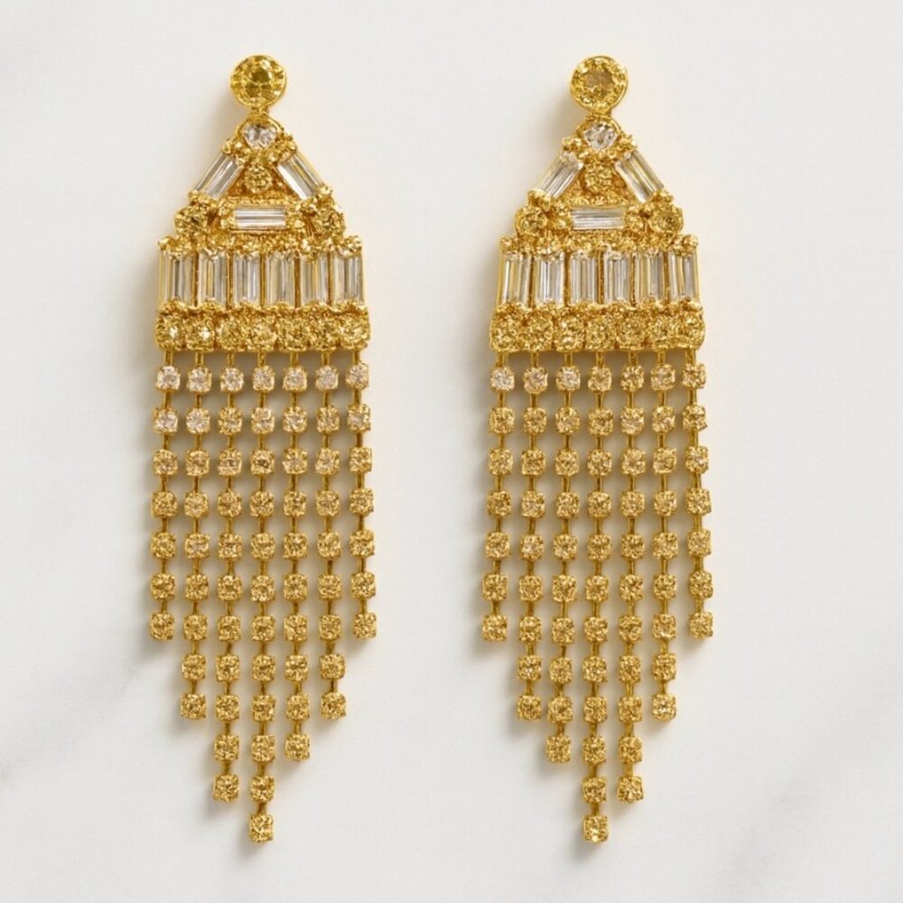 Vtg‎ Eisenberg Ice Gold Rhinestone Fringe Statement Earrings 2.75" Sparkly NOS